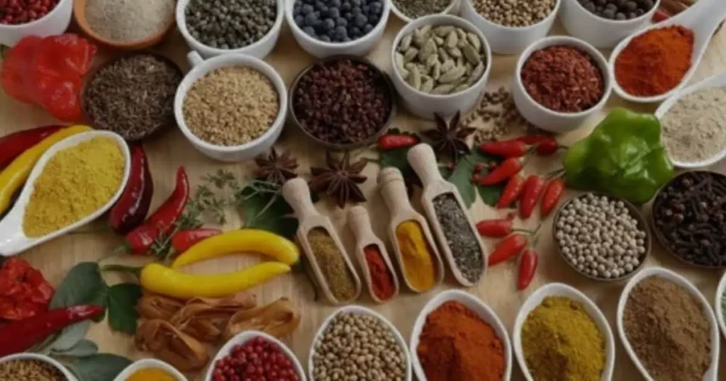 Differnt spices of kathiawadi cuisine are placed on table.