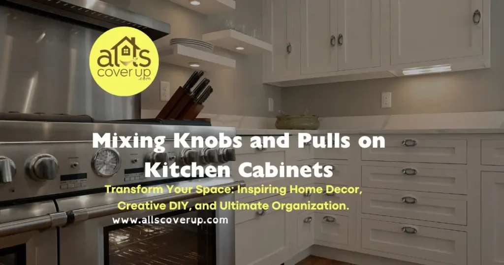 A close-up of various knobs and pulls on kitchen cabinets, showcasing tips for mixing knobs and pulls on kitchen cabinets hardware.